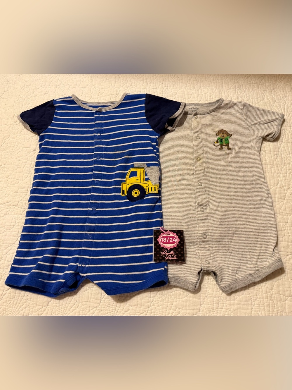 Carter's Blue & Gray Striped Truck and Monkey One-Piece Bodysuits